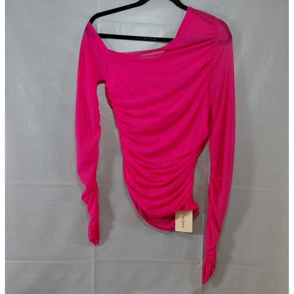 Shein Bae Mesh Off Shoulded Ruched Blouse LG 8/10 Hot Pink Long Sleeves